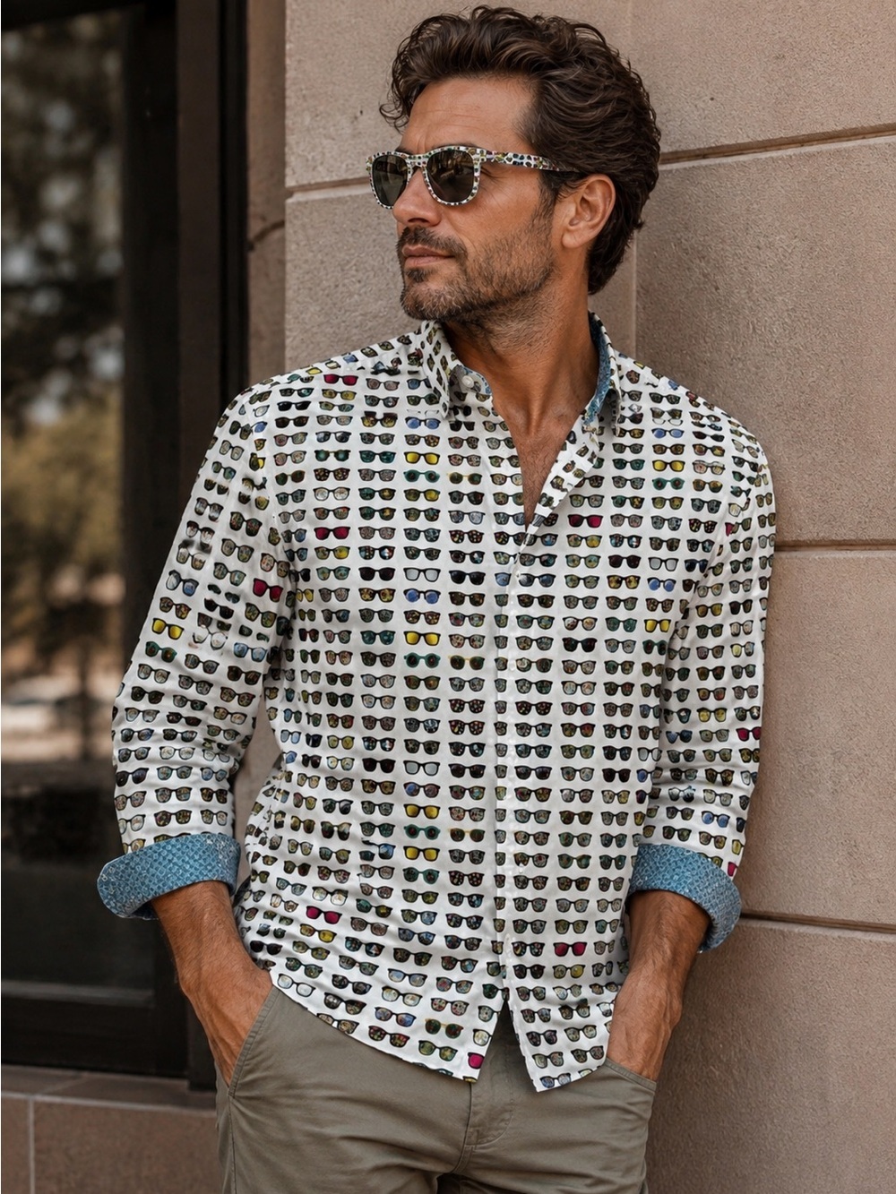 Visconti Black Sunglasses Print Button Down Shirt Men’s White 100% Cotton